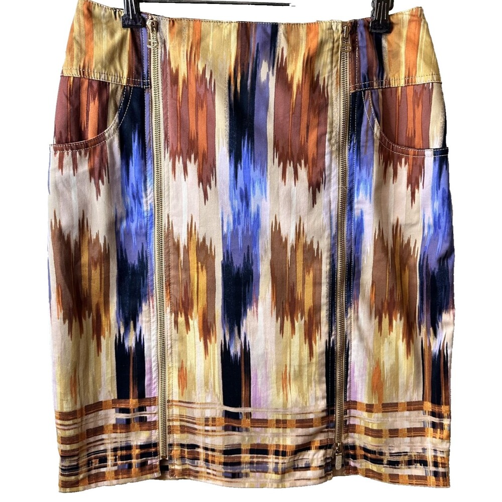 Etcetera Women Multicolor Ikat Print Cotton Front Zippers Knee-Length Skirt Sz 4